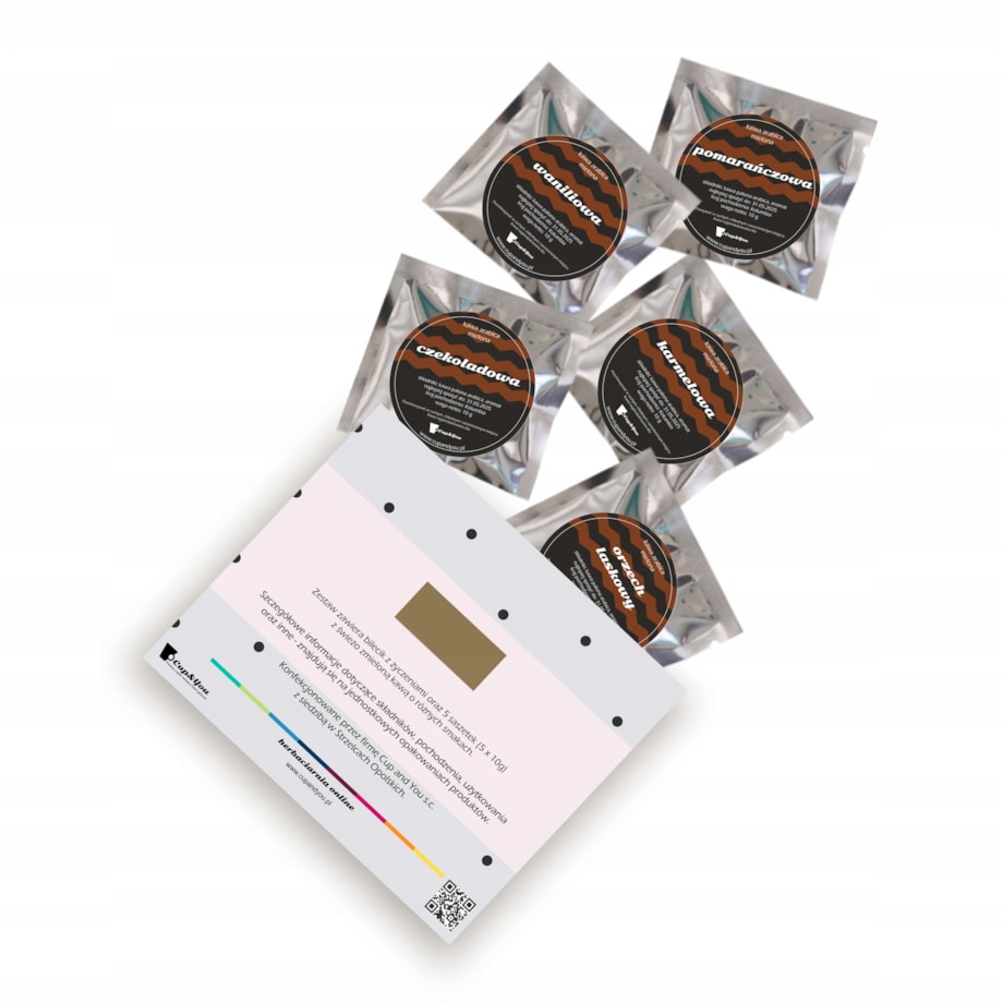 DROBNY ZESTAW PREZENTOWY UPOMINKOWY NA DZIEŃ MATKI URODZINY DLA MAMY TEŚCIOWEJ - MIX 5 RÓŻNYCH KAW SMAKOWYCH DESEROWYCH MIELONYCH ARABICA