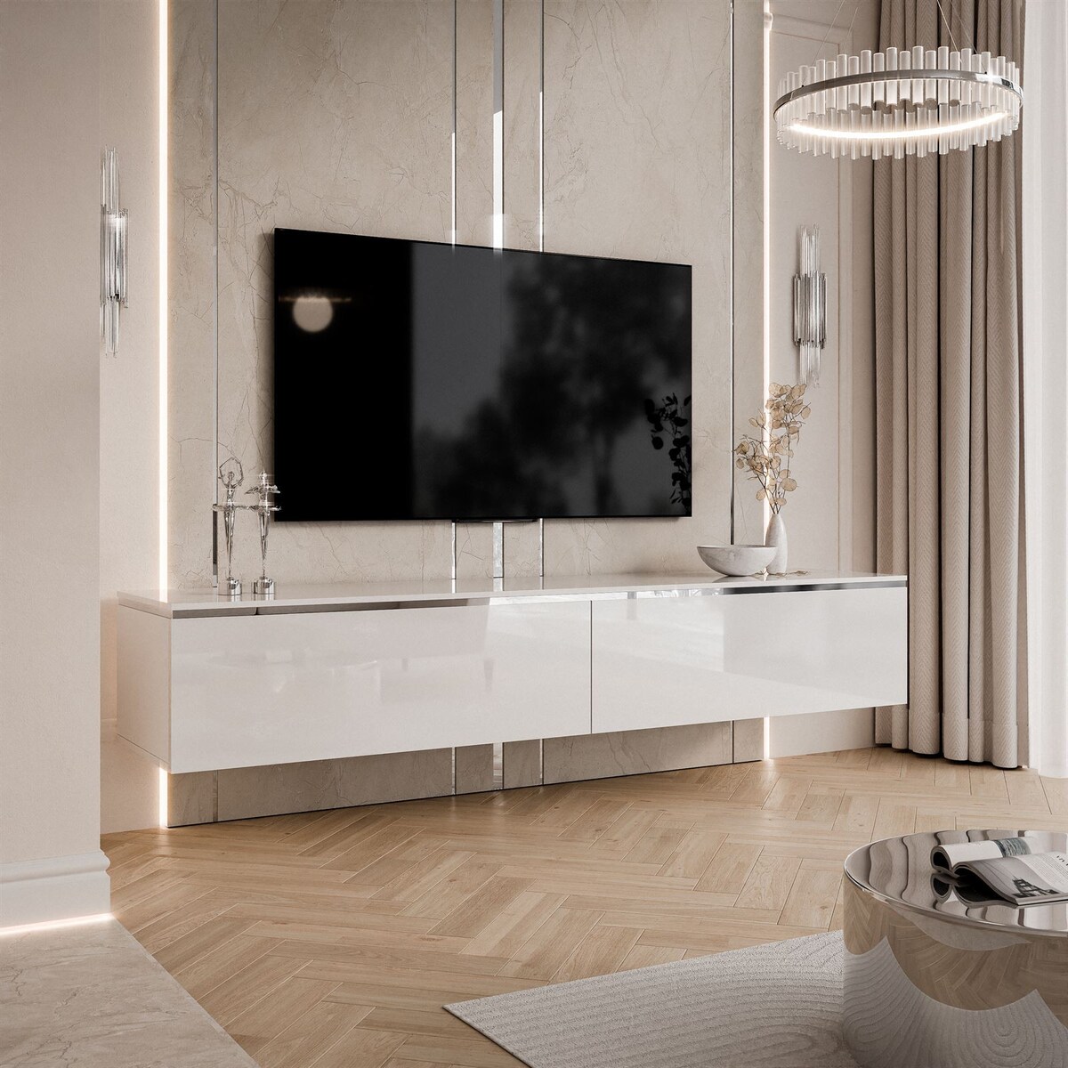 Szafka RTV AURORA SILVER 180 cm biały połysk wisząca