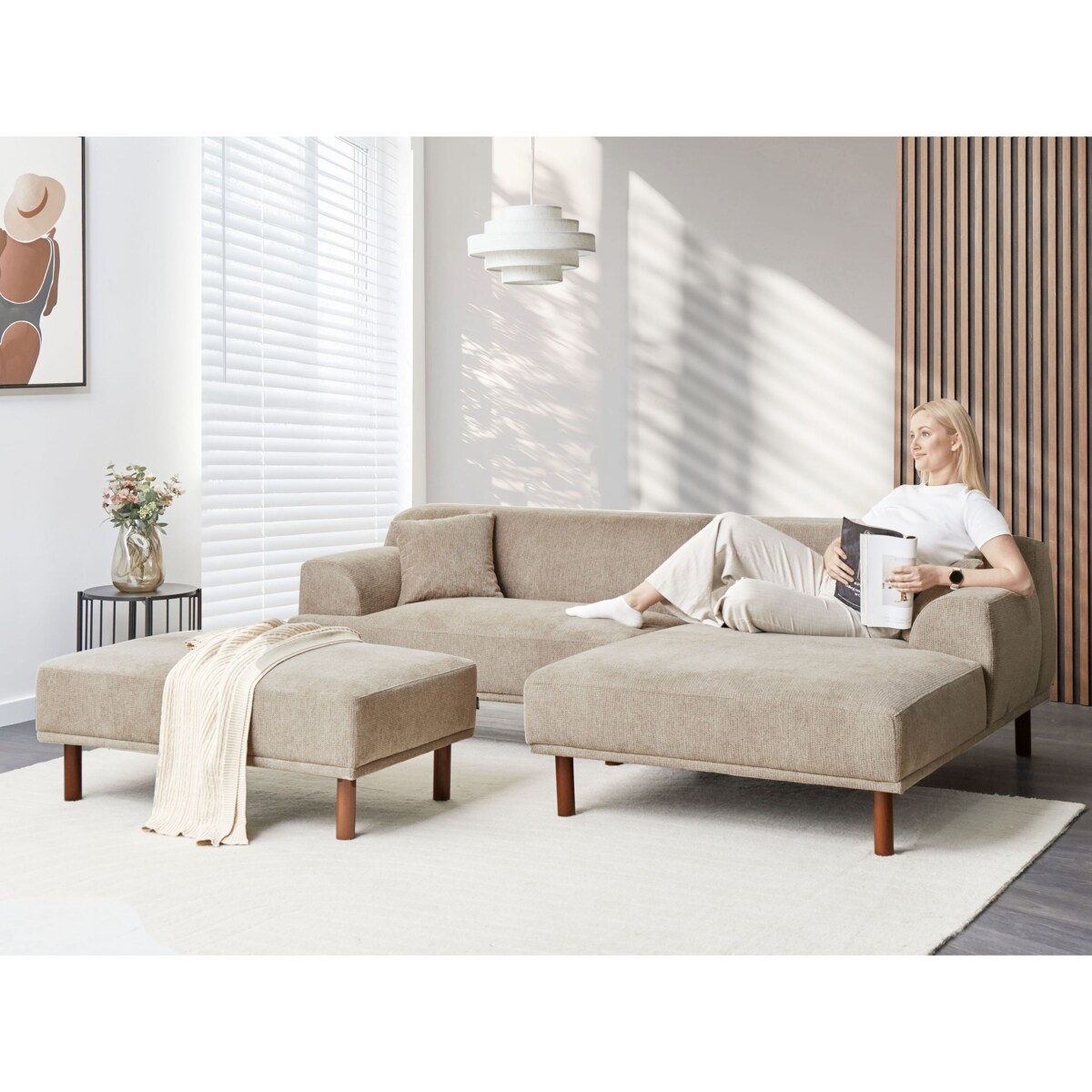 Sofa narożna lewostronna z otomaną HOLT Beżowoszary Lewostronny