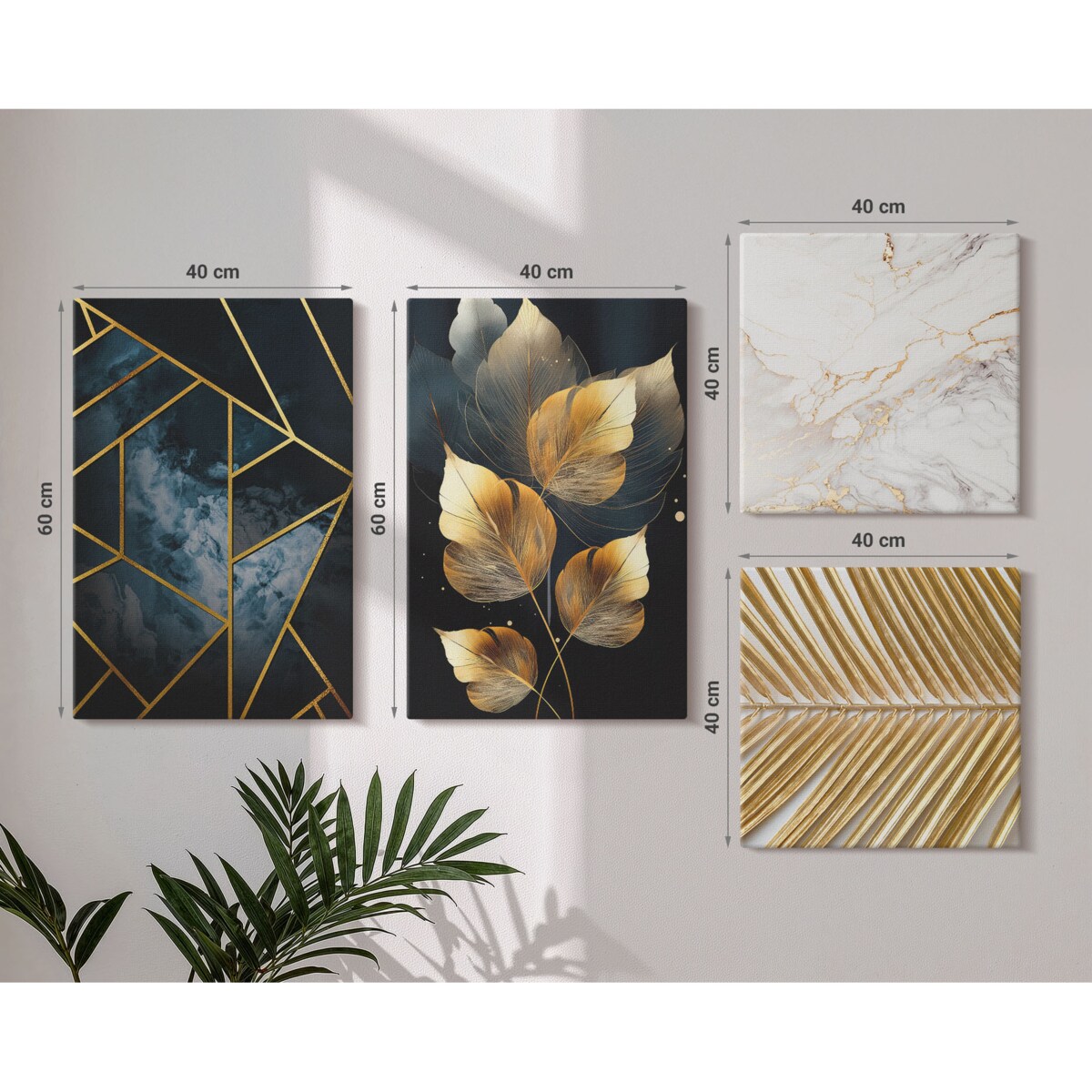 Zestaw 4 obrazów na płótnie - Nowoczesne wzory roślinne - granatowy