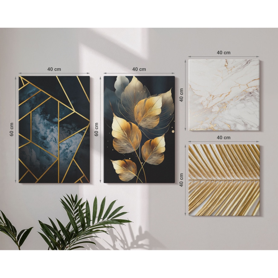 Zestaw 4 obrazów na płótnie - Nowoczesne wzory roślinne - granatowy