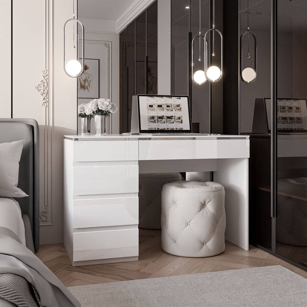 Biurko AURORA SILVER z szufladami biay połysk