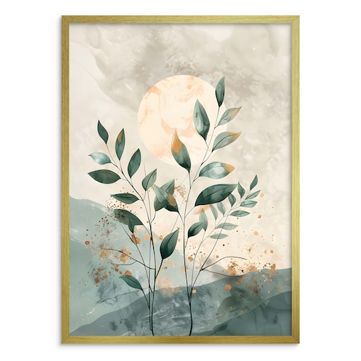 Minimalistyczny Obraz ścienny Plakat na ścianę Złota rama Zielone Liście Boho