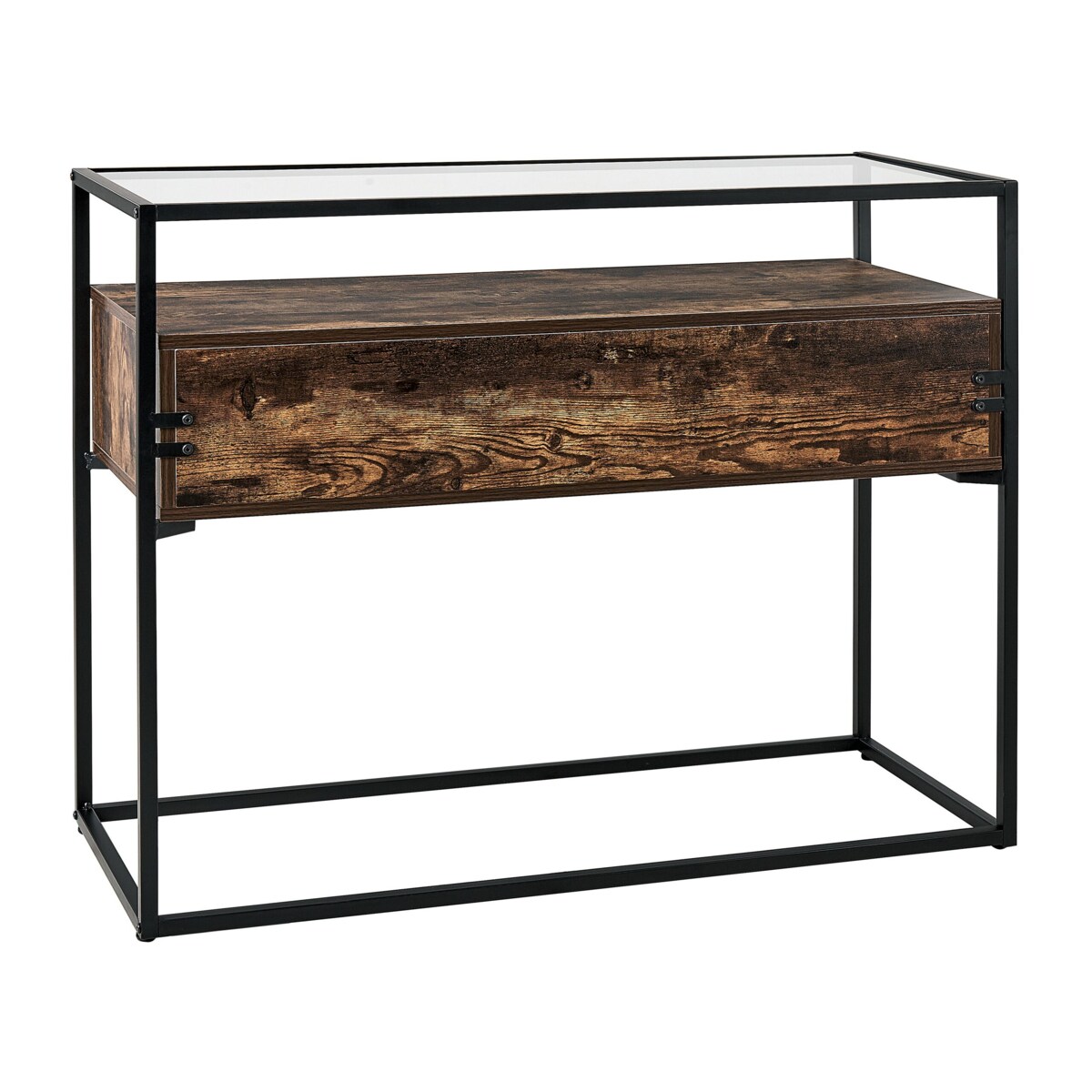 Konsola 2 szuflady szklana ciemne drewno z czarnym MAUK