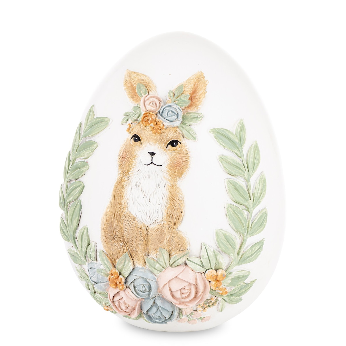 Dekoracja - jajko ozdobne 18x13x13 cm PISANKA biała z króliczką i kwiatami