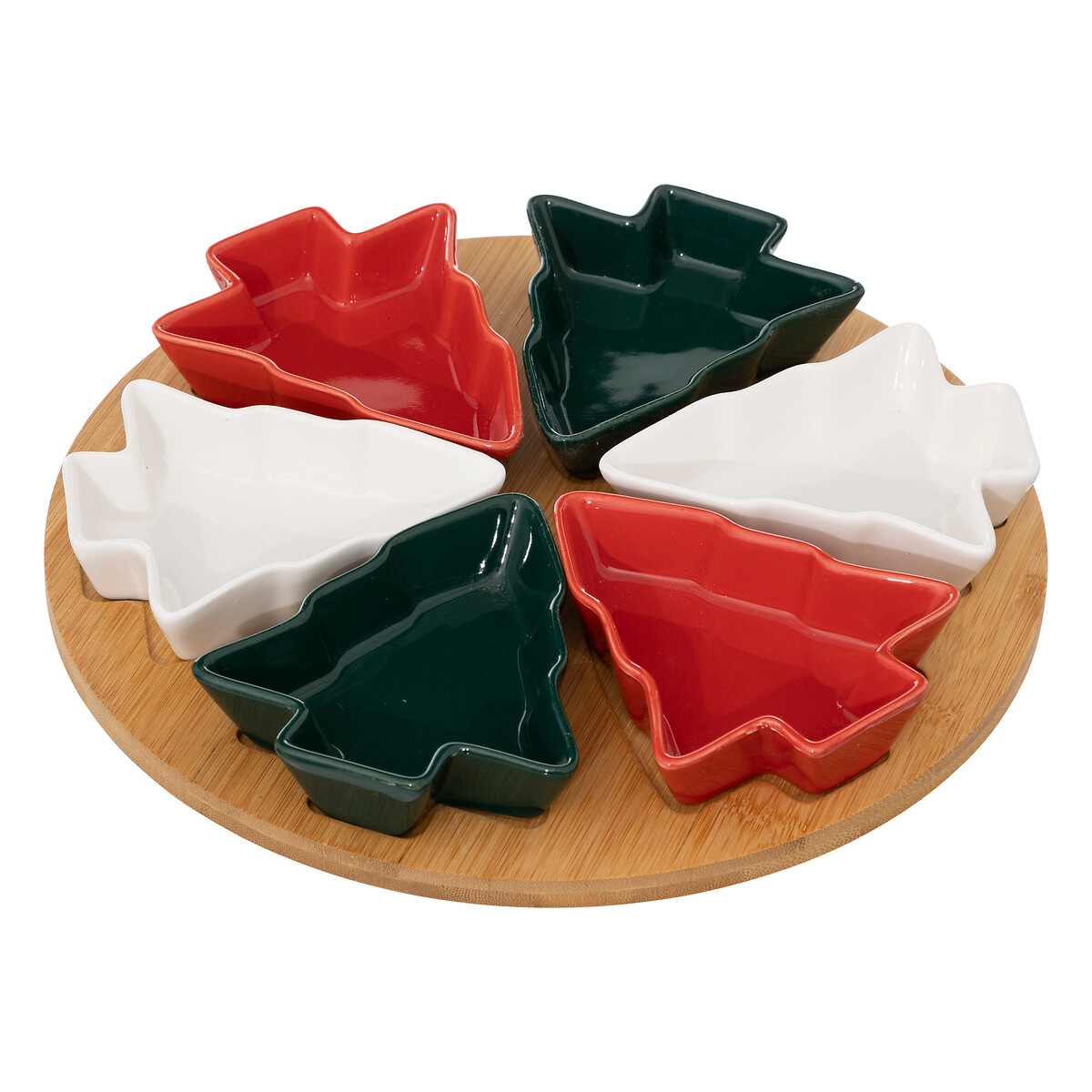 Komplet 6 miseczek w kształcie choinki, na bambusowej tacy, Ø 27 cm
