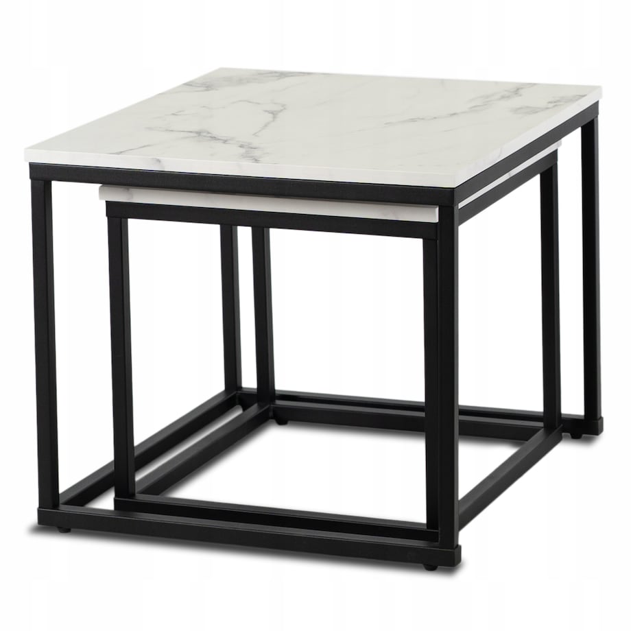 Stolik Kawowy Kwadratowy Marmur Biały Zestaw 2w1 Ława Glamour Biała ORI