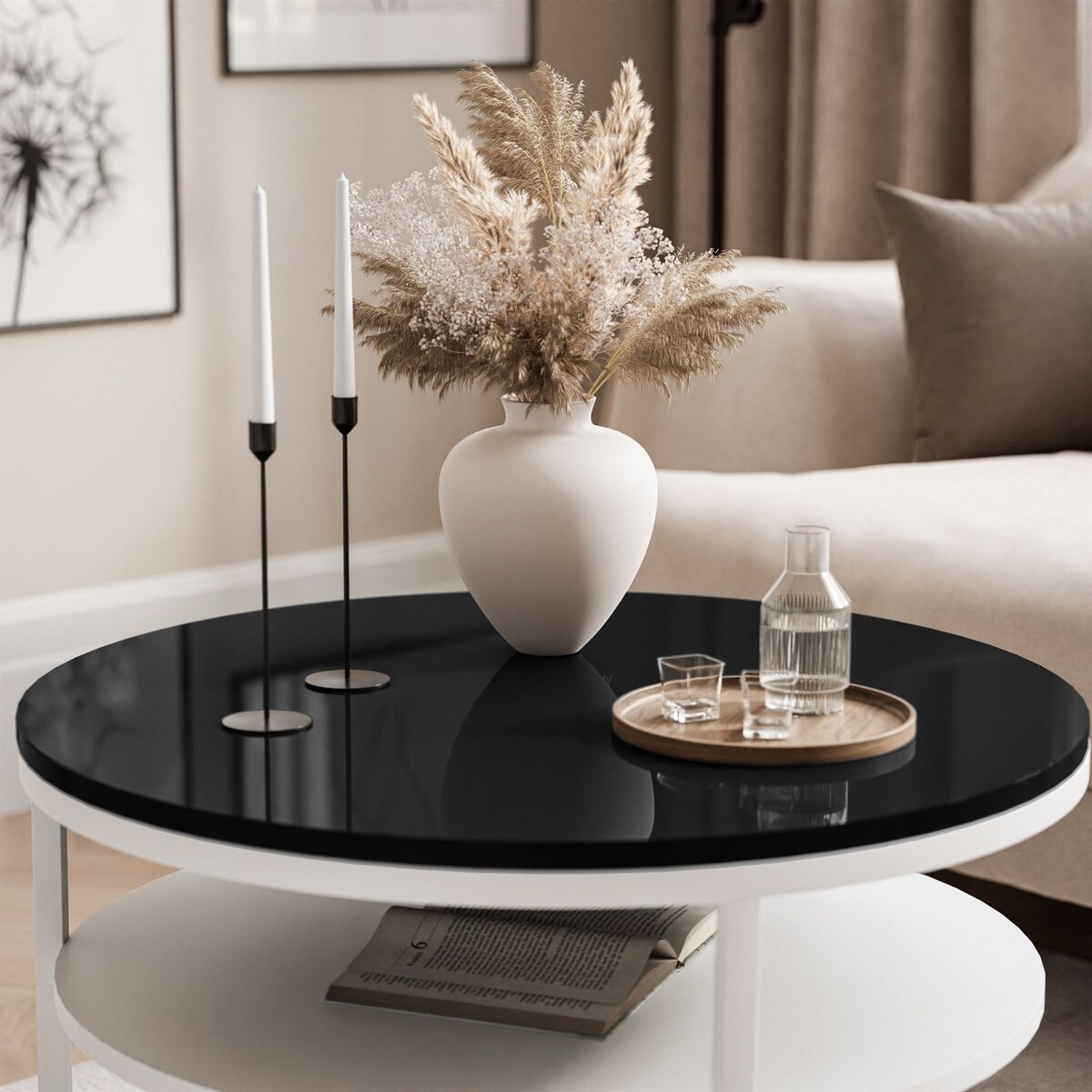 Stolik kawowy CIRI SLIM z półką biały czarny połysk