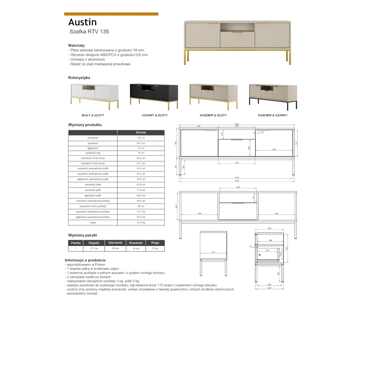 Szafka RTV Austin 135 biała & złota