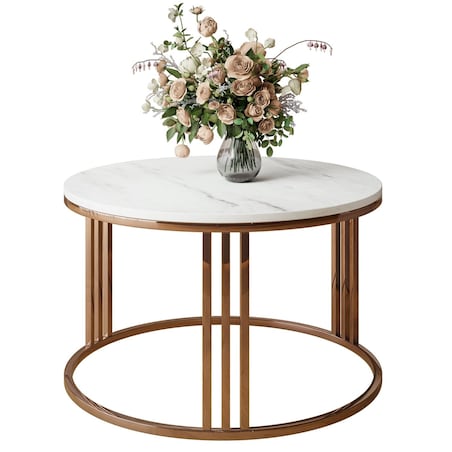 Okrągły stolik kawowy LORI mat z miedzianym stelażem, Marmur Levanto