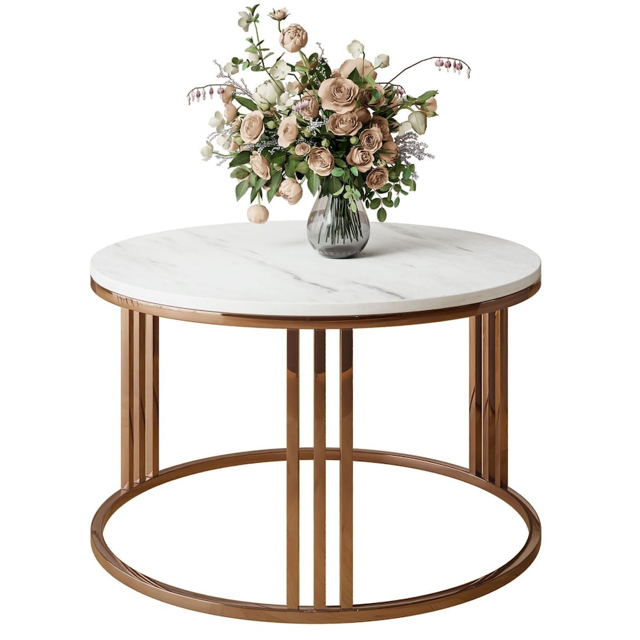 Okrągły stolik kawowy LORI mat z miedzianym stelażem, Marmur Levanto