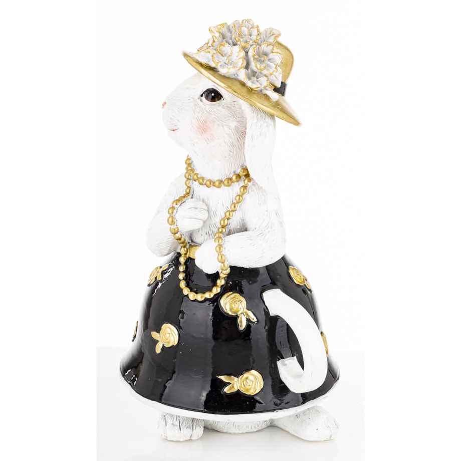 Dekoracja - biała króliczka w złotym kapeluszu 17x10x9 cm czarna spódniczka