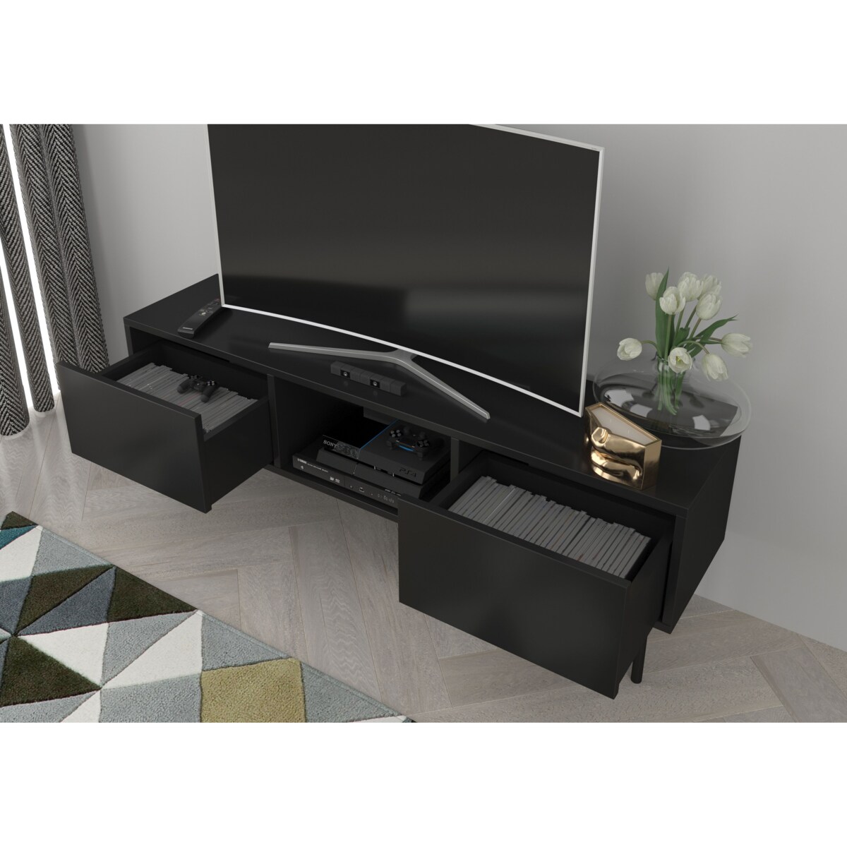 Czarna nowoczesna komoda RTV Dancan MIRKA / szer. 130 cm