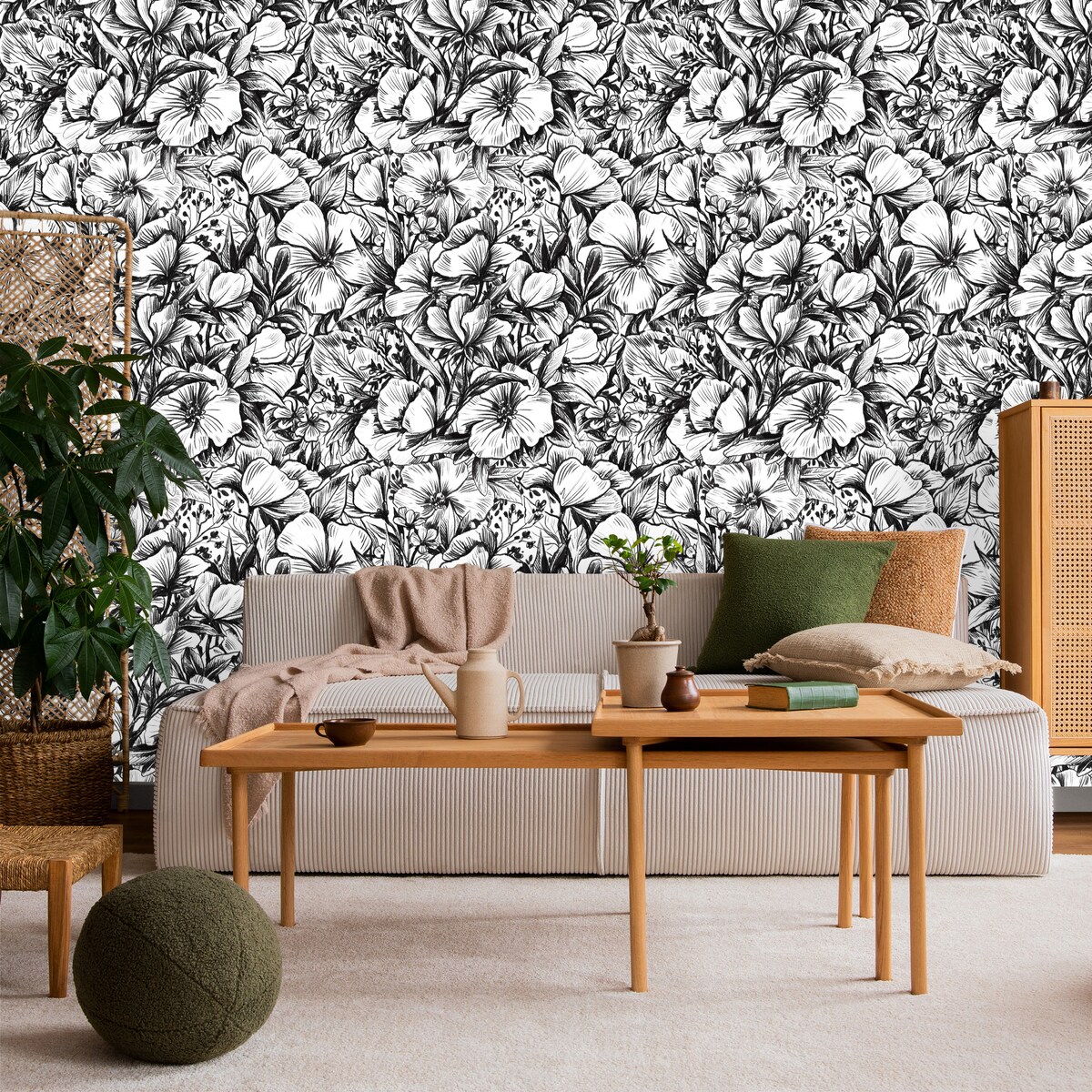 Tapeta Czarno-Białe Kwiaty i Liście