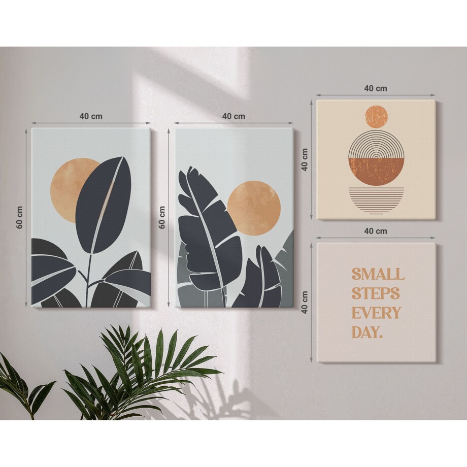 Zestaw 4 obrazów na płótnie - Roślinne wzory duże słońca minimalistyczne - pomarańczowy