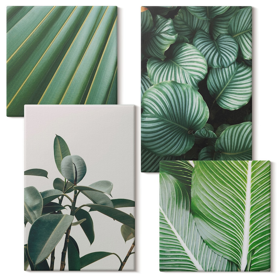 Zestaw 4 obrazów na płótnie - Liście tropikalne w zieleni - zielony