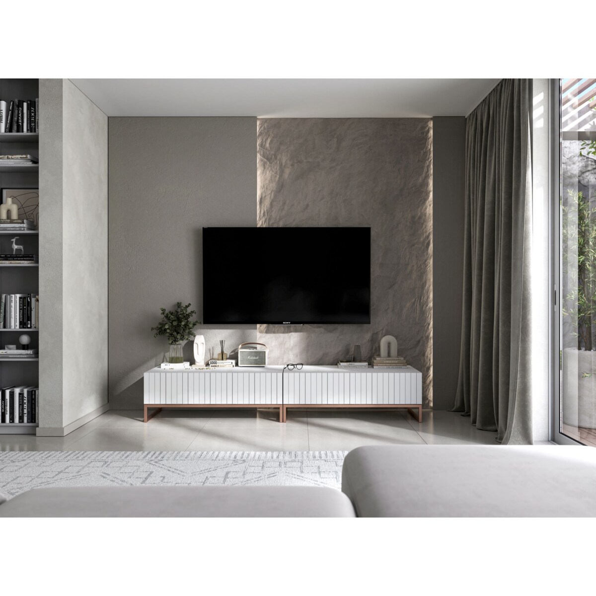 Nowoczesna Szafka RTV Glamour Komoda RTV Ryflowane fronty Biały Mat 220 cm