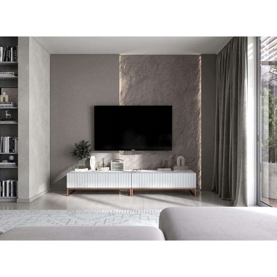 Nowoczesna Szafka RTV Glamour Komoda RTV Ryflowane fronty Biały Mat 220 cm