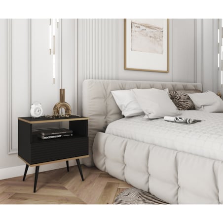 Szafka nocna ryflowana POLO na wysokich czarnych nóżkach, czarna