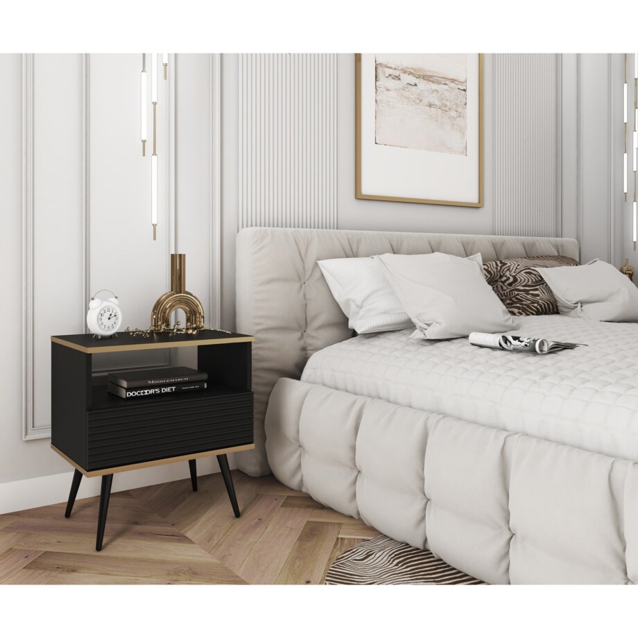 Szafka nocna ryflowana POLO na wysokich czarnych nóżkach, czarna