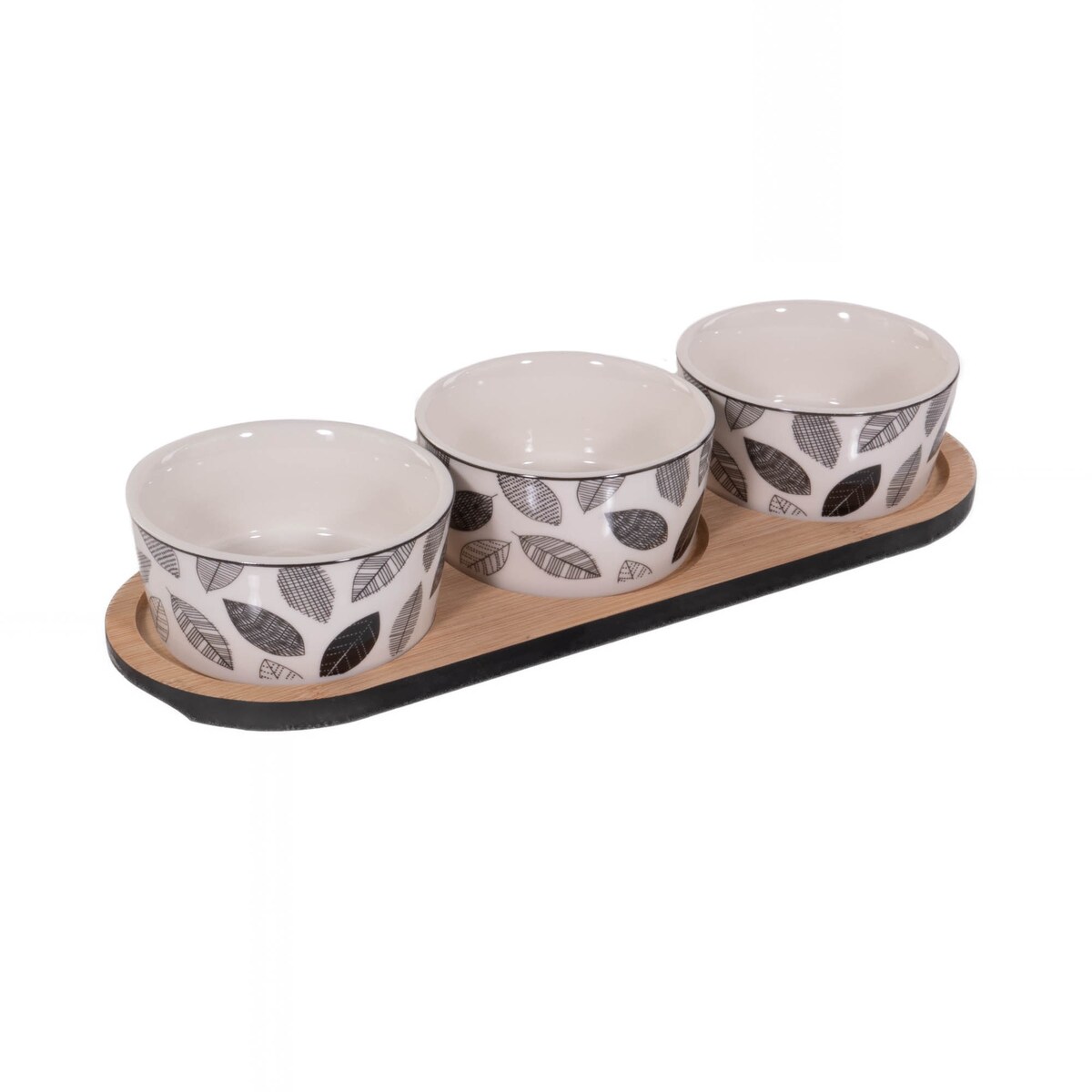 Zestaw do serwowania przekąsek: taca i 3 porcelanowe naczynia, Ø 10 cm