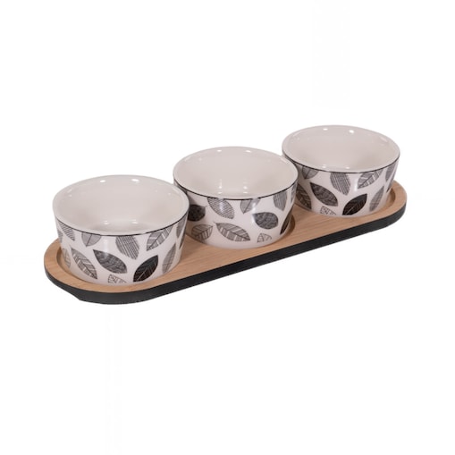 Zestaw do serwowania przekąsek: taca i 3 porcelanowe naczynia, Ø 10 cm