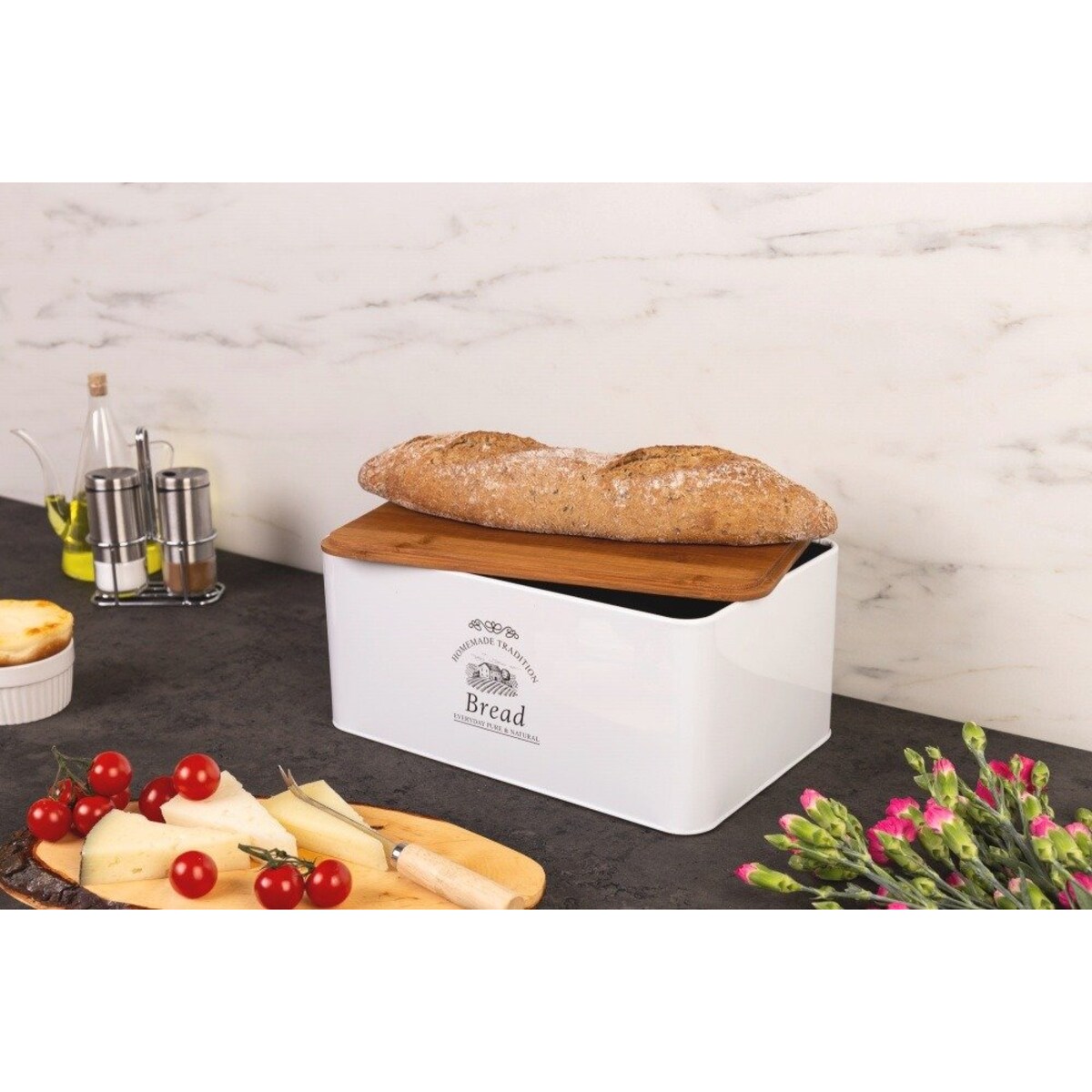 Nowoczesny chlebak z deską bambusową, designerski i praktyczny pojemnik na pieczywo