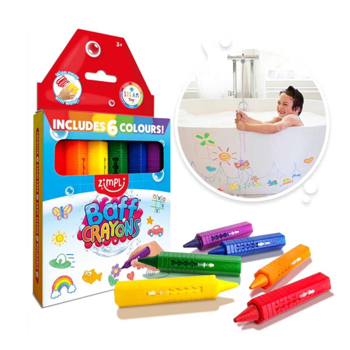 Kredki do kąpieli dla dzieci do malowania wanny 6 kolorów Baff Crayons 3+ Zimpli Kids