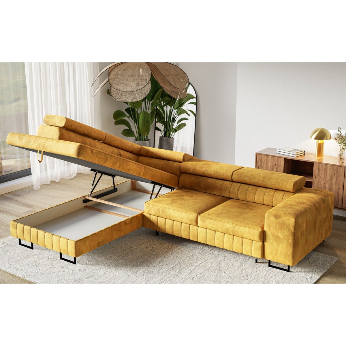 Narożnik NOLA do salonu, regulowane zagłówki-lewostronny- Terra musztardowy