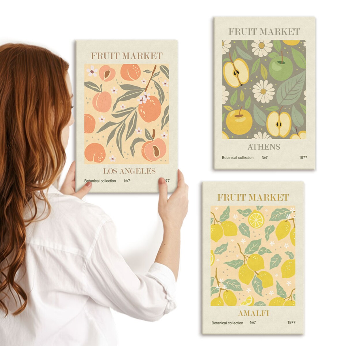 Zestaw 3 małych obrazów na płótnie - Owocowe wzory retro plakaty boho - żółty