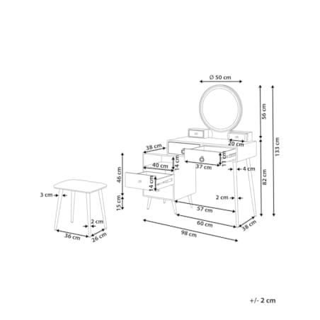 Toaletka 6 szuflad lustro LED ze stołkiem biało-złota YVES