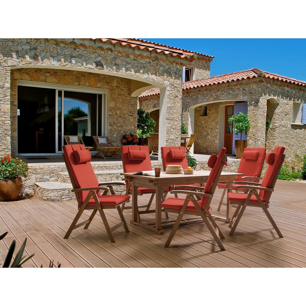 Zestaw ogrodowy dla 6 osób AMANTEA PREMIUM Drewno akacjowe Czerwony