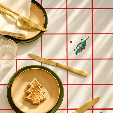 Obrus świąteczny - krata i gałązki - 140x320