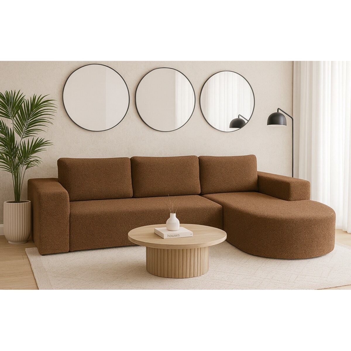 Narożnik Vello z funkcją spania do salonu, prawostronny- boucle- brązowy