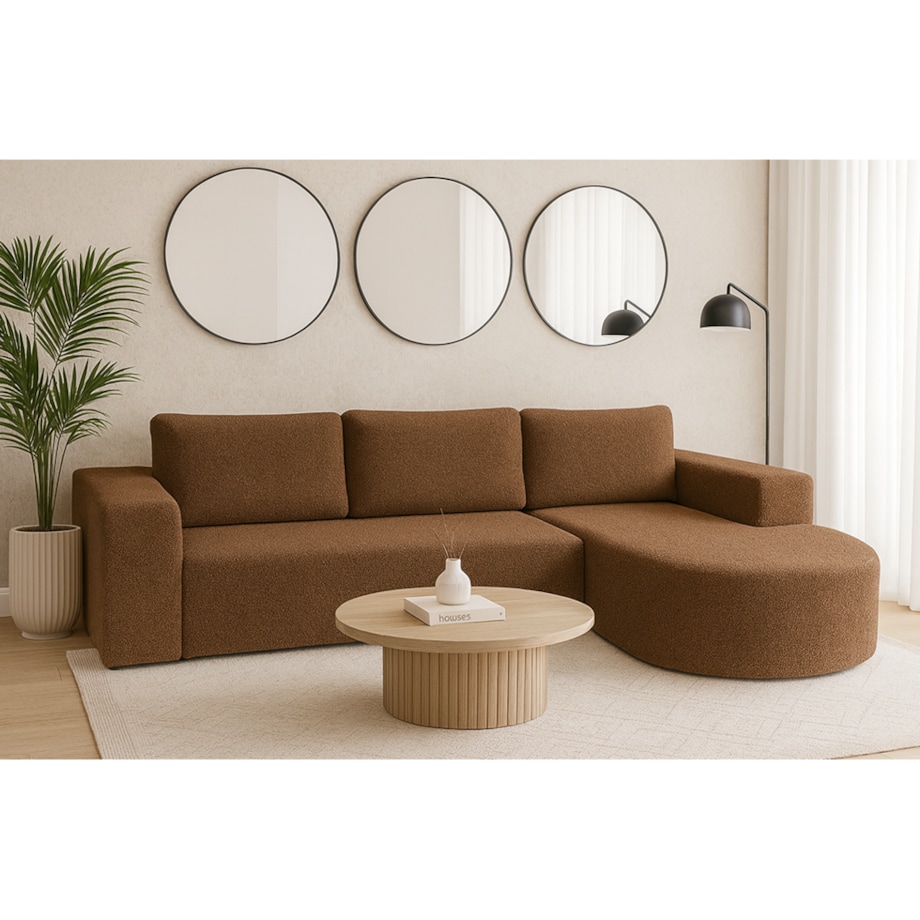 Narożnik Vello z funkcją spania do salonu, prawostronny- boucle- brązowy