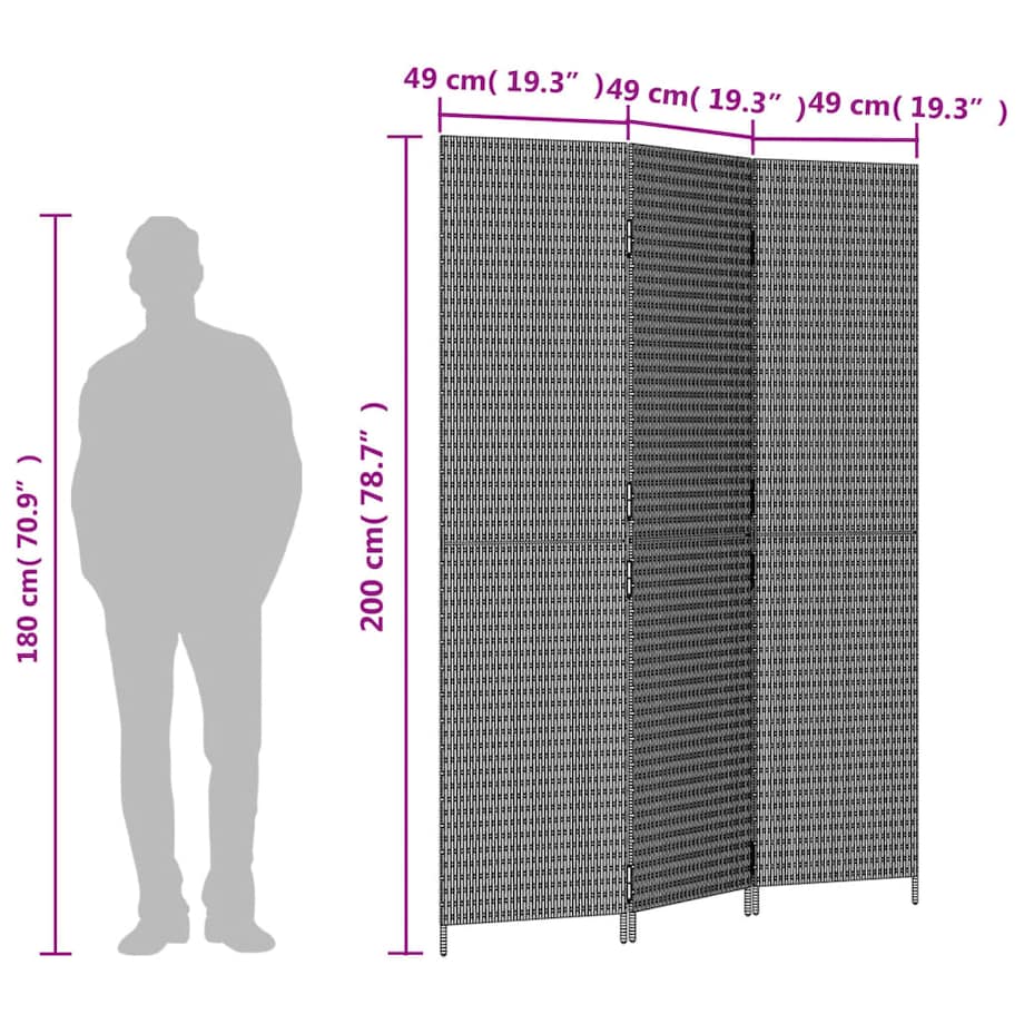 vidaXL Parawan 3-panelowy, brązowy, polirattan