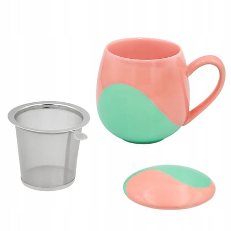 KUBEK PORCELANOWY NA KAWĘ HERBATĘ ZIELONO-RÓŻOWY 350ML Z ZAPARZACZEM I POKRYWKĄ PREZENT UPOMINEK DLA KOBIETY MAMY ŻONY BABCI DZIEWCZYNY KOLEŻANKI NIEJ