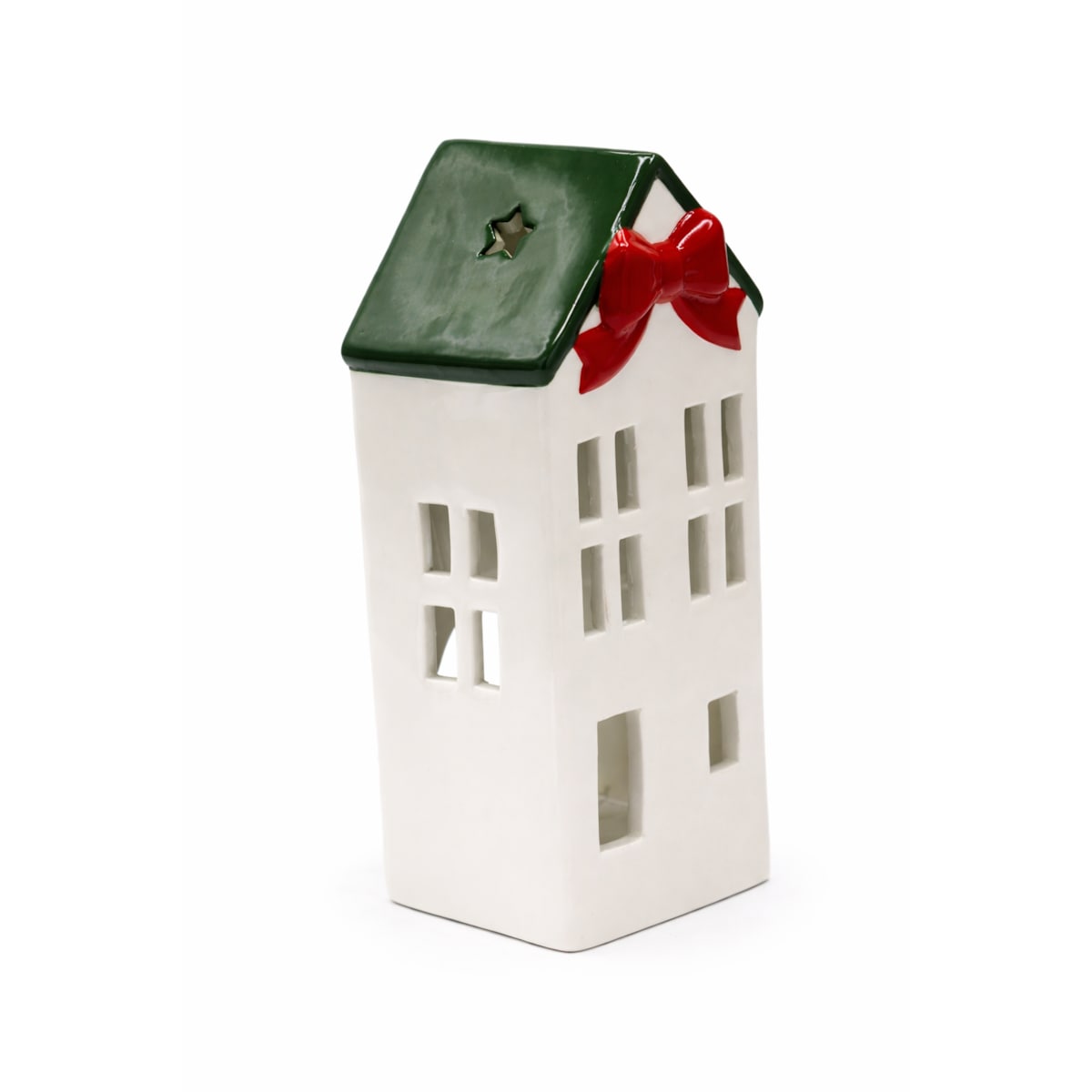 Ceramiczny domek na tea-lighty 20,4x9 x8,9 cm z czerwoną kokardą i zielonym dachem