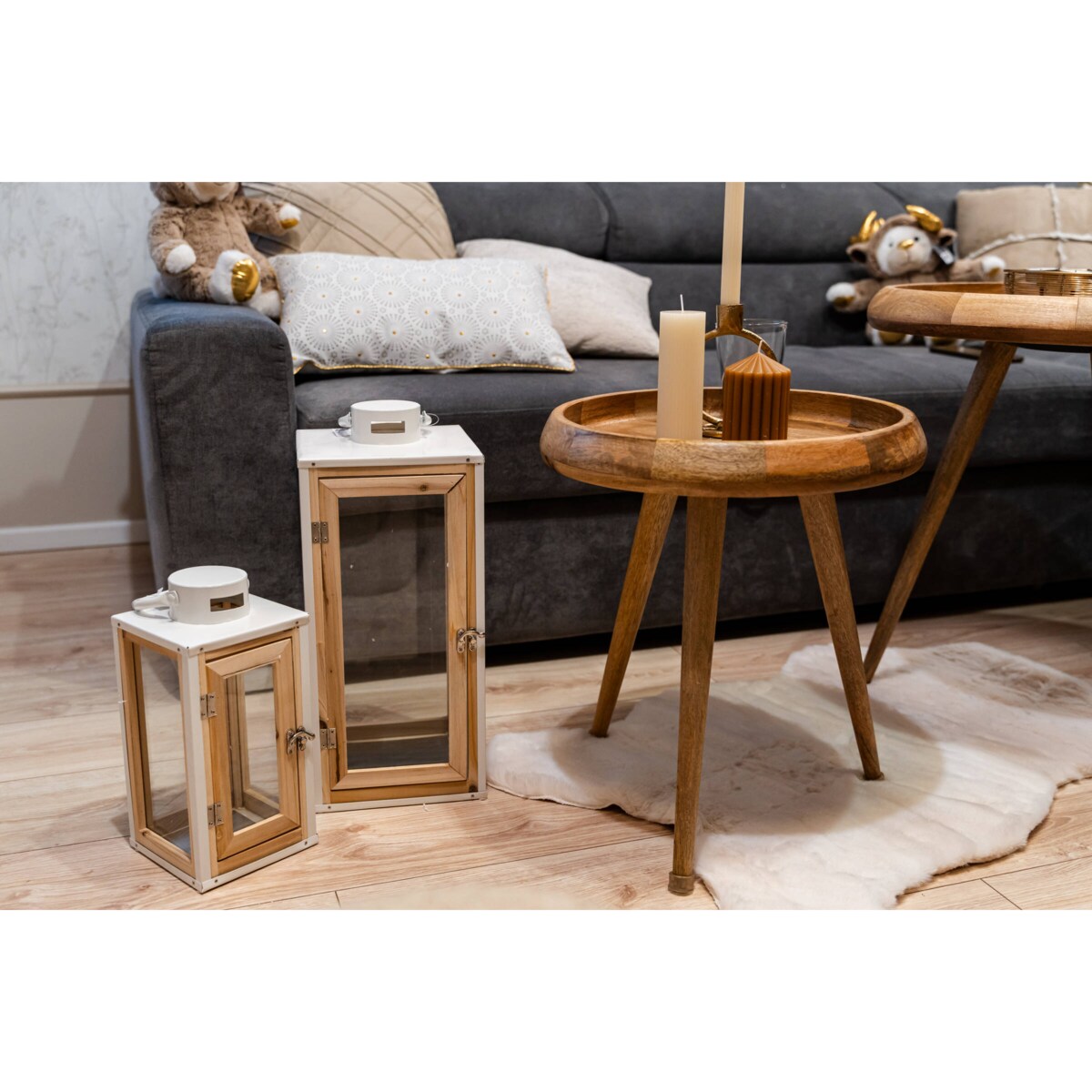 Duże lampiony na taras, drewno i metal w białym kolorze, 2 sztuki