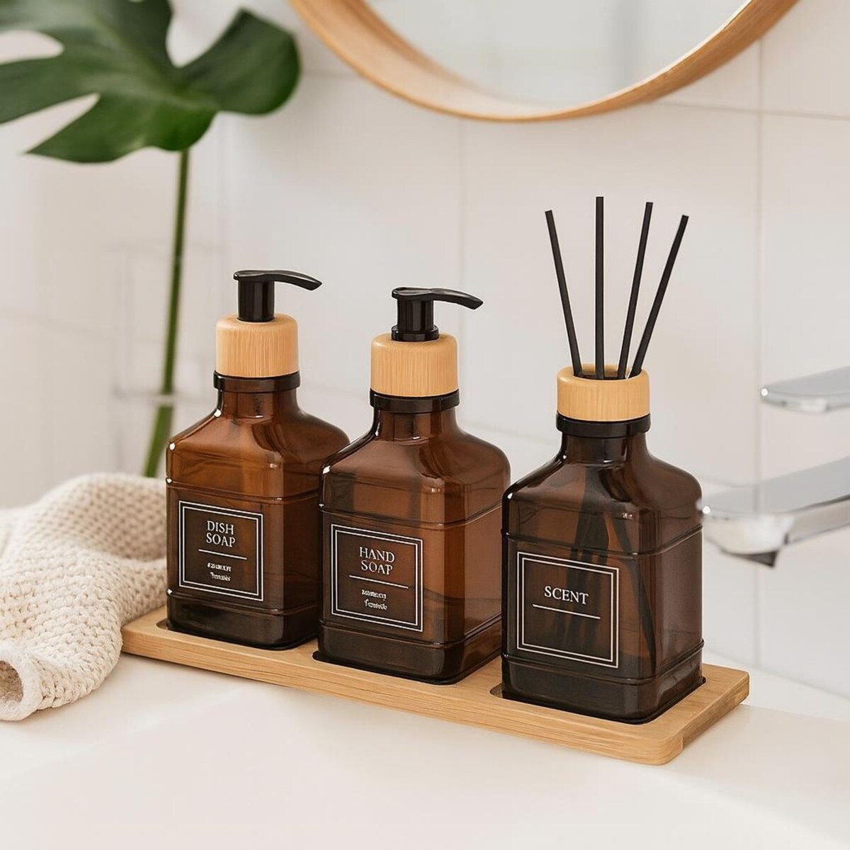 Zestaw łazienkowy z tacką i dyfuzorem 340 ml 15x7x7 cm OLER brązowy