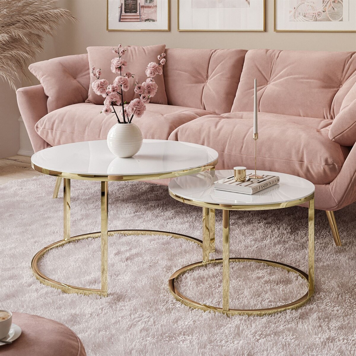 Okrągła ława CIRI 2w1 złoty chrom białe szkło