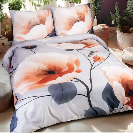 Pościel satyna bawełniana 140x200 Satynlove Premium szara z pomarańczowymi kwiatami