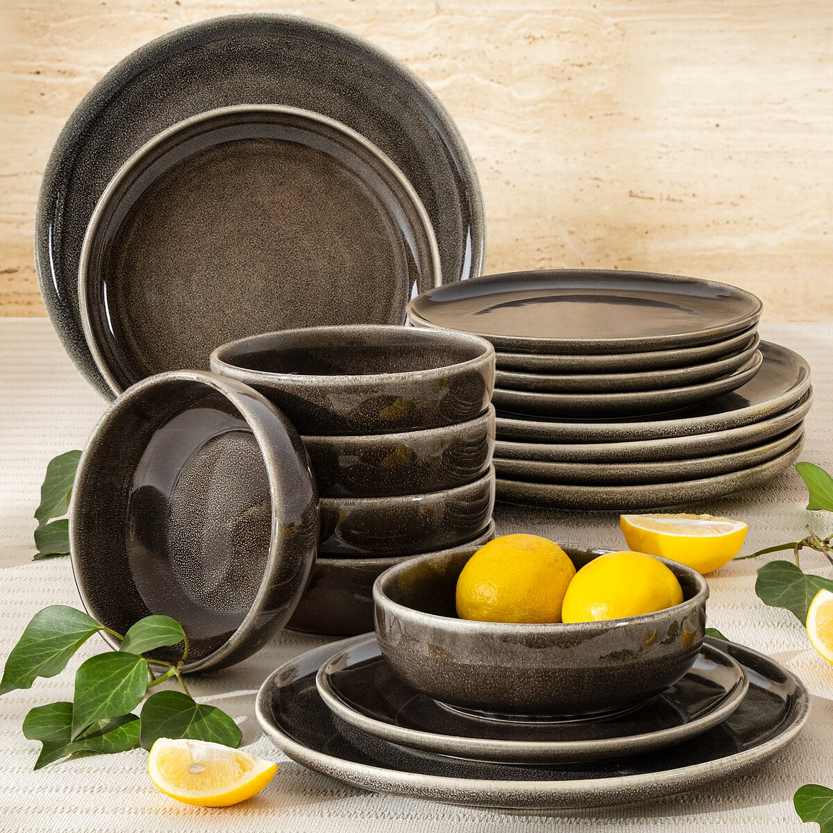 EDA Zestaw obiadowy 6 os. (18 el.), brązowy/szary/beżowy