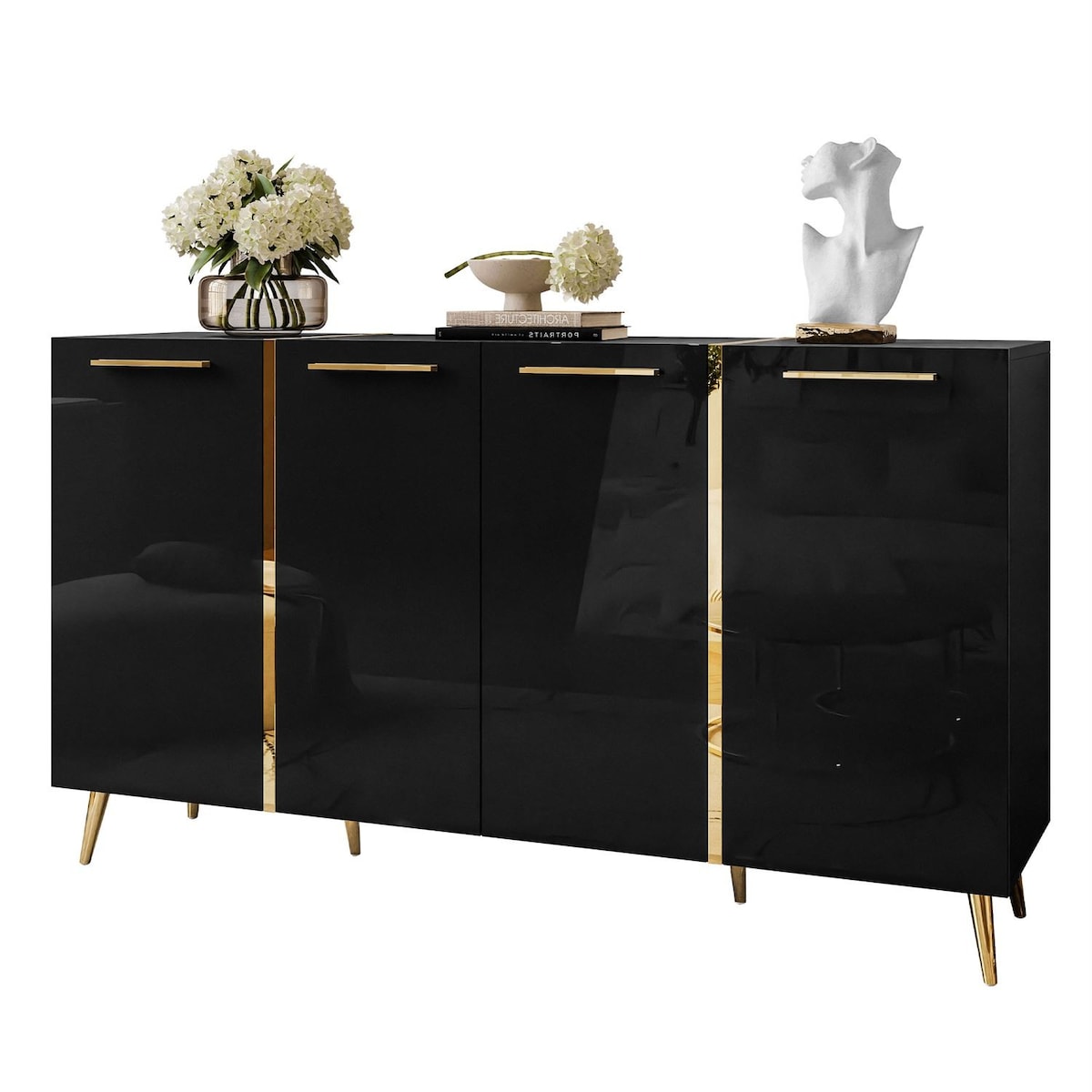 Komoda ONYX 4D 158 cm na złotych nóżkach, czarna, uchwyty złote