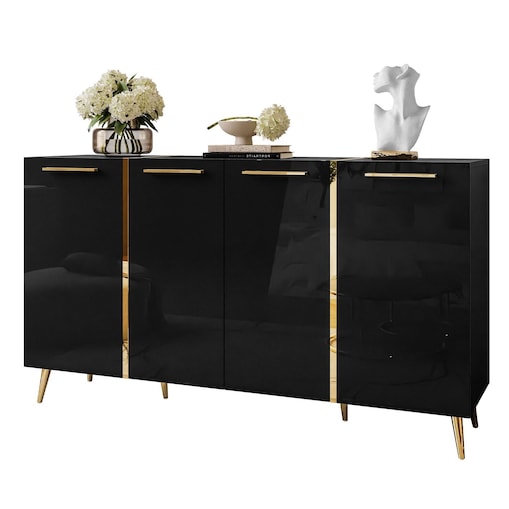 Komoda ONYX 4D 158 cm na złotych nóżkach, czarna, uchwyty złote
