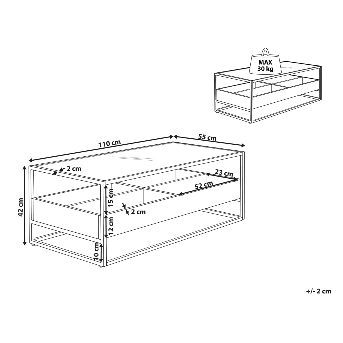 Stolik kawowy WACO Szkło hartowane Czarny ze schowkiem