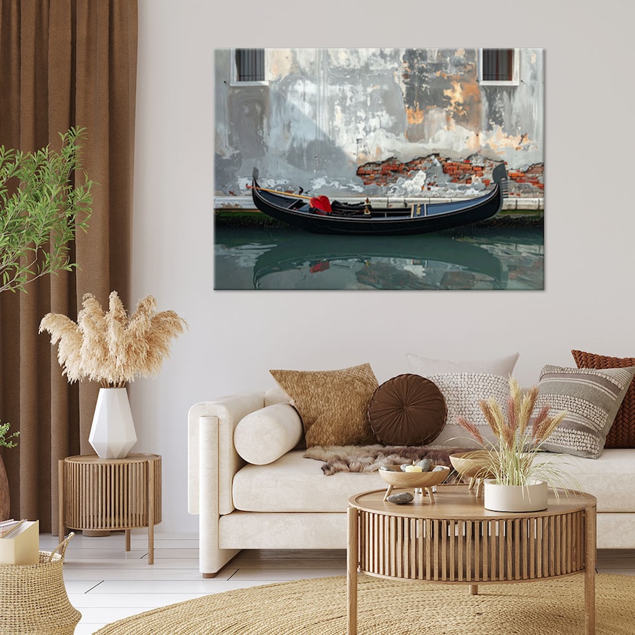 Obraz do salonu sypialni jadalni biura hotelu, Kanał wenecki i gondola w szarościach 45x30 cm