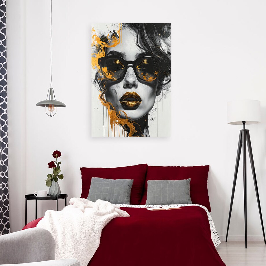 Obraz na płótnie do salonu sypialni, Kobieta Glamour Portret Czarno Biały Złoty 60x90 cm