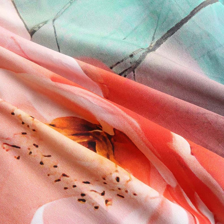 Pościel satyna bawełniana 160x200 Roselle szara i zielona w różowe kwiaty, Satynlove Premium