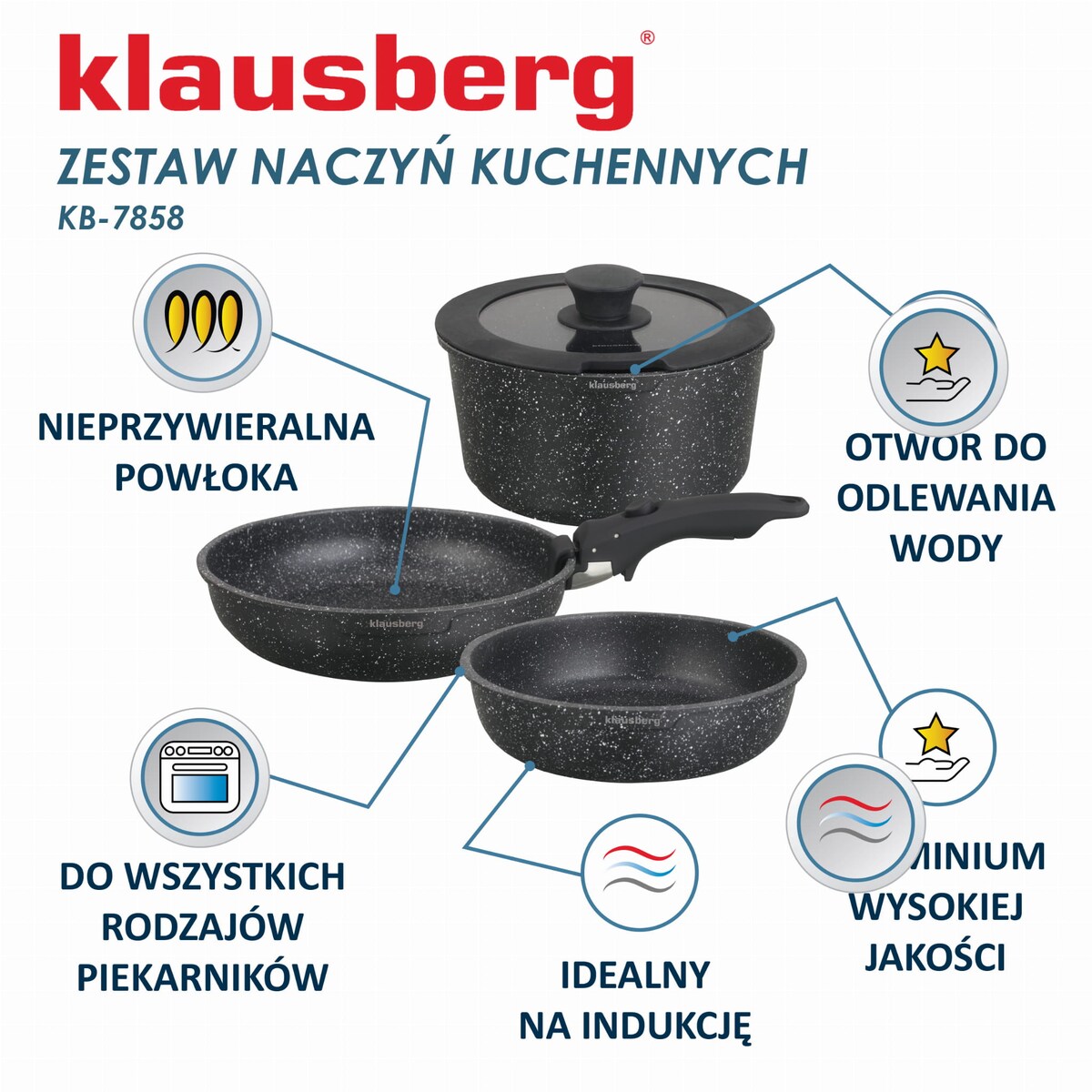 Komplet garnków z marmurkową powłoką nieprzywierającą 5-ele KLAUSBERG